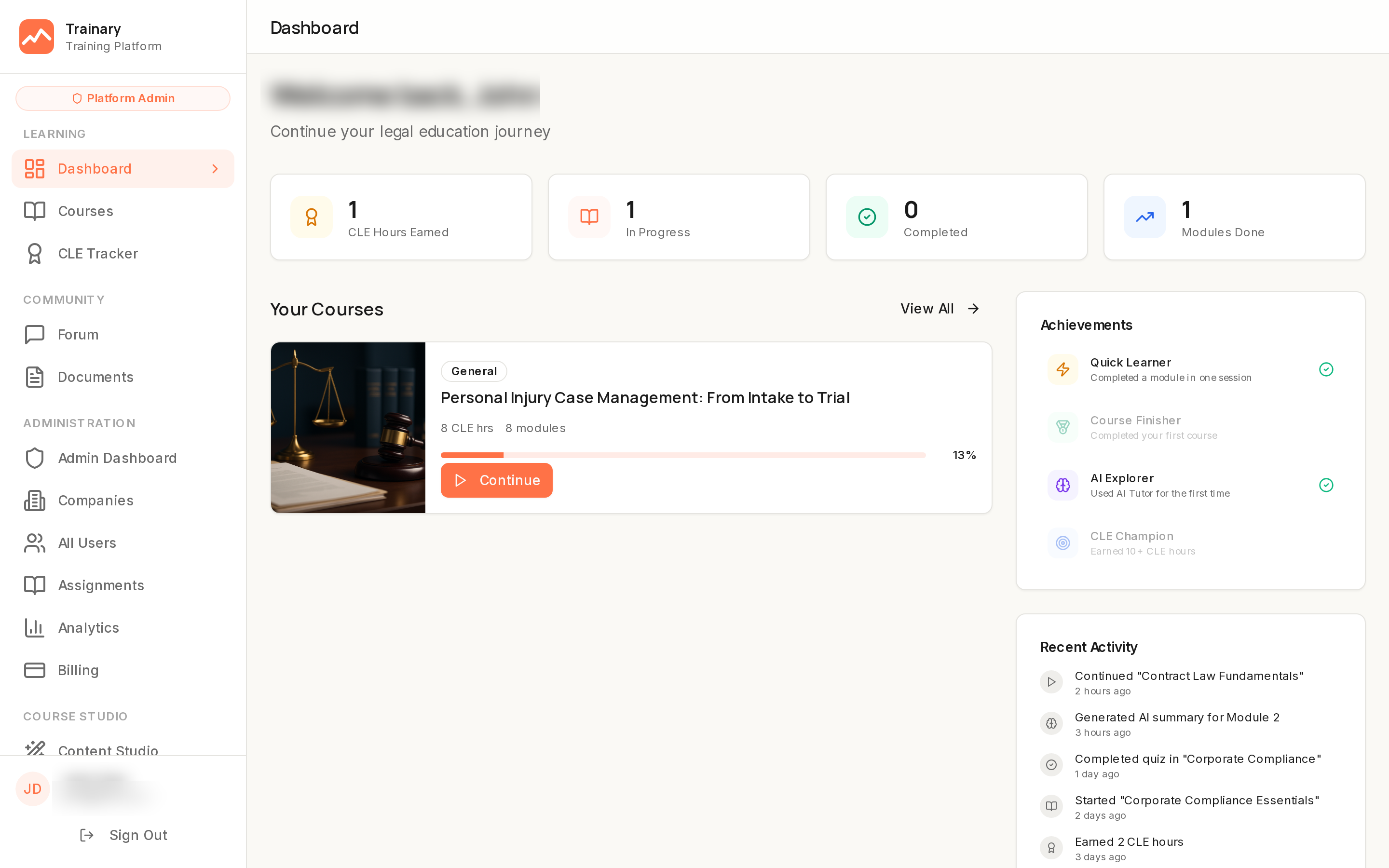 Trainary dashboard showing training progress, courses, achievements, and activity feed