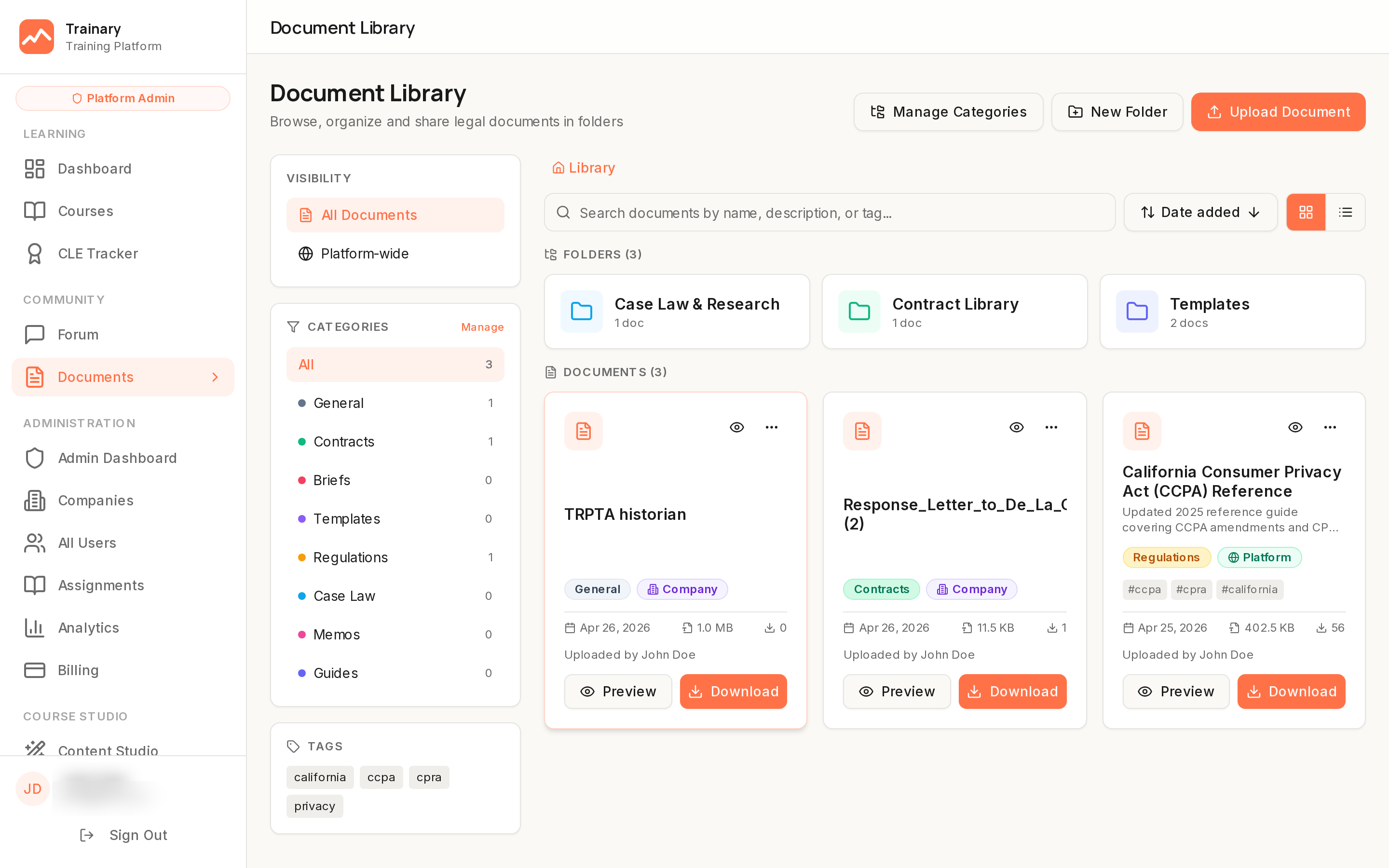 Document library with folders, categories, tags, search, preview, and download functionality