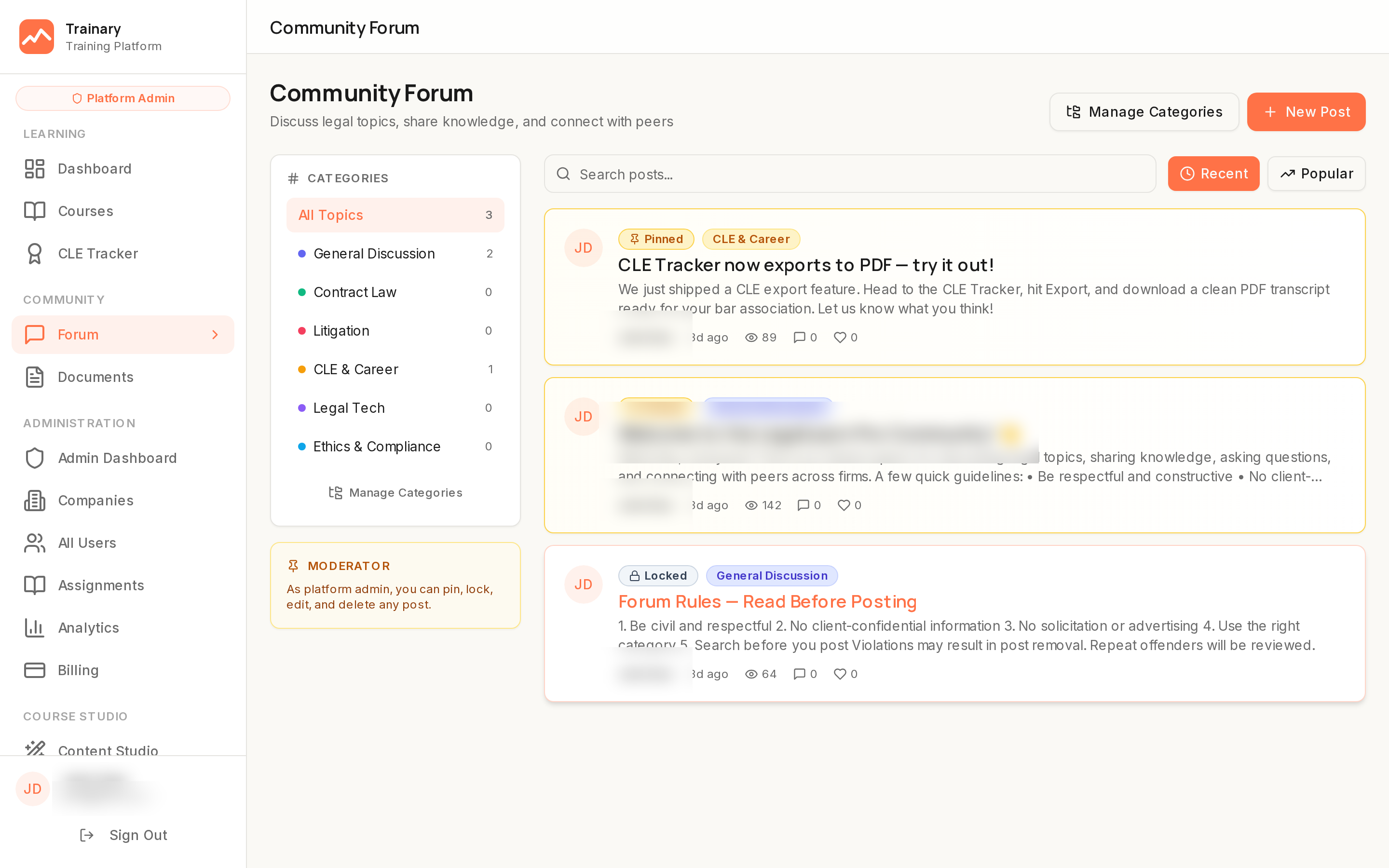 Community forum with categorized discussions, pinned posts, search, and moderation tools
