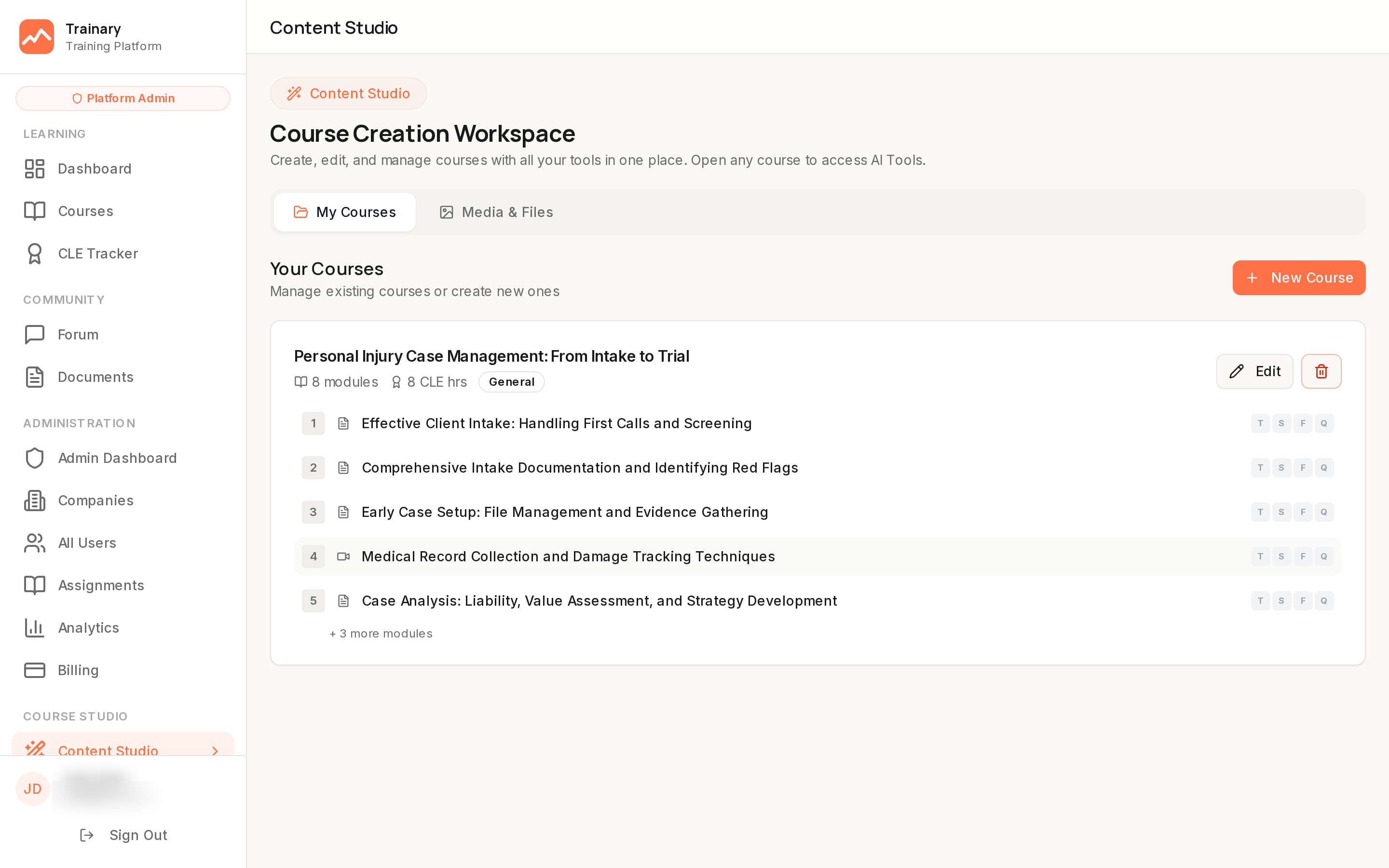 Content Studio showing AI-powered course creation workspace with modules, media files, and editing tools